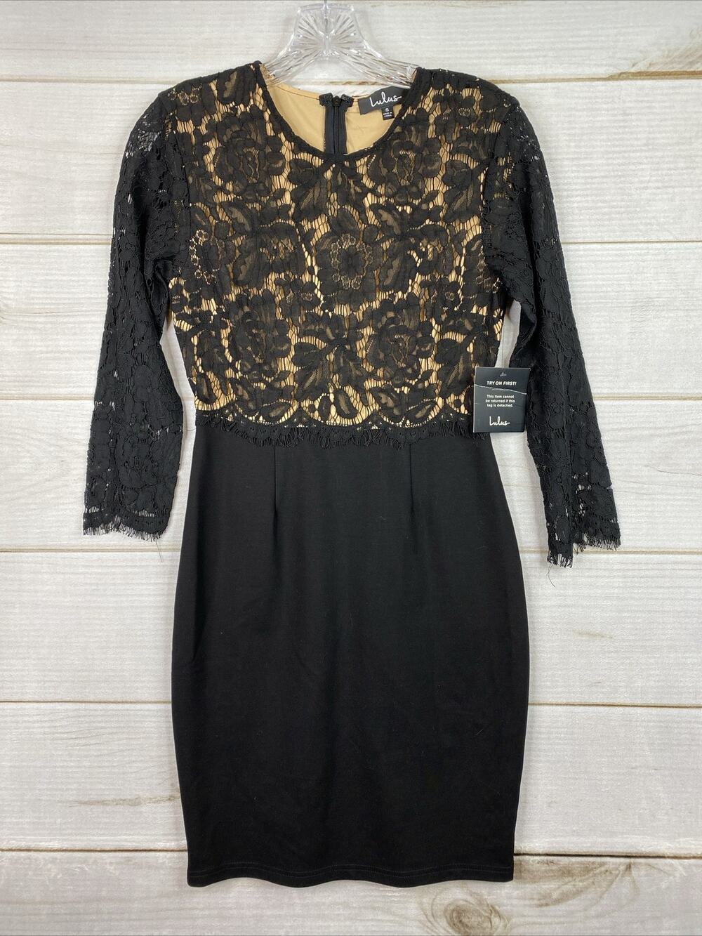 Lulus Dress Womens S Black Bodycon Long Sleeve Lace Lined Party Coctail NWT
